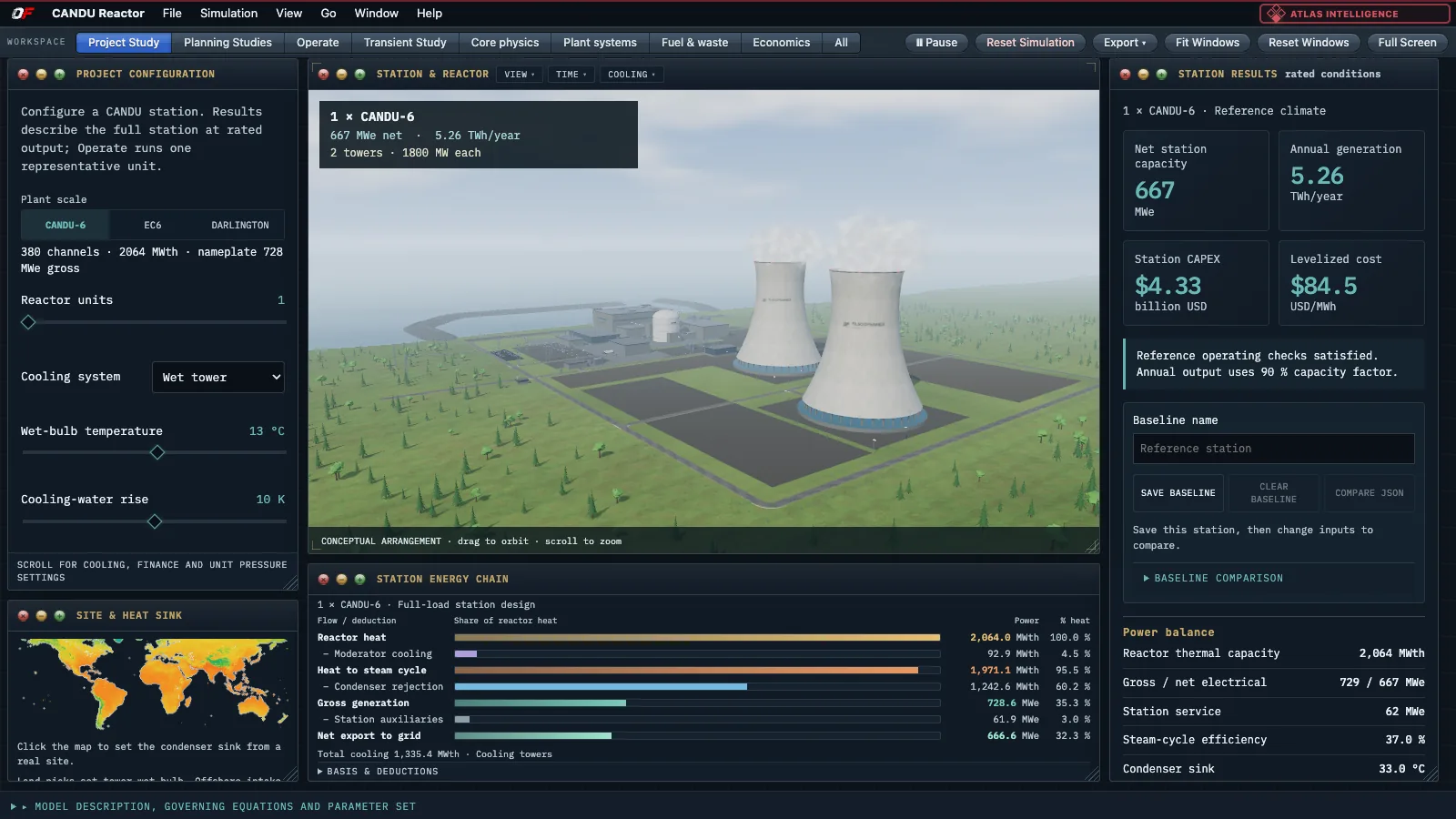 CANDU-6 nuclear reactor simulation with station 3-D view and control panels