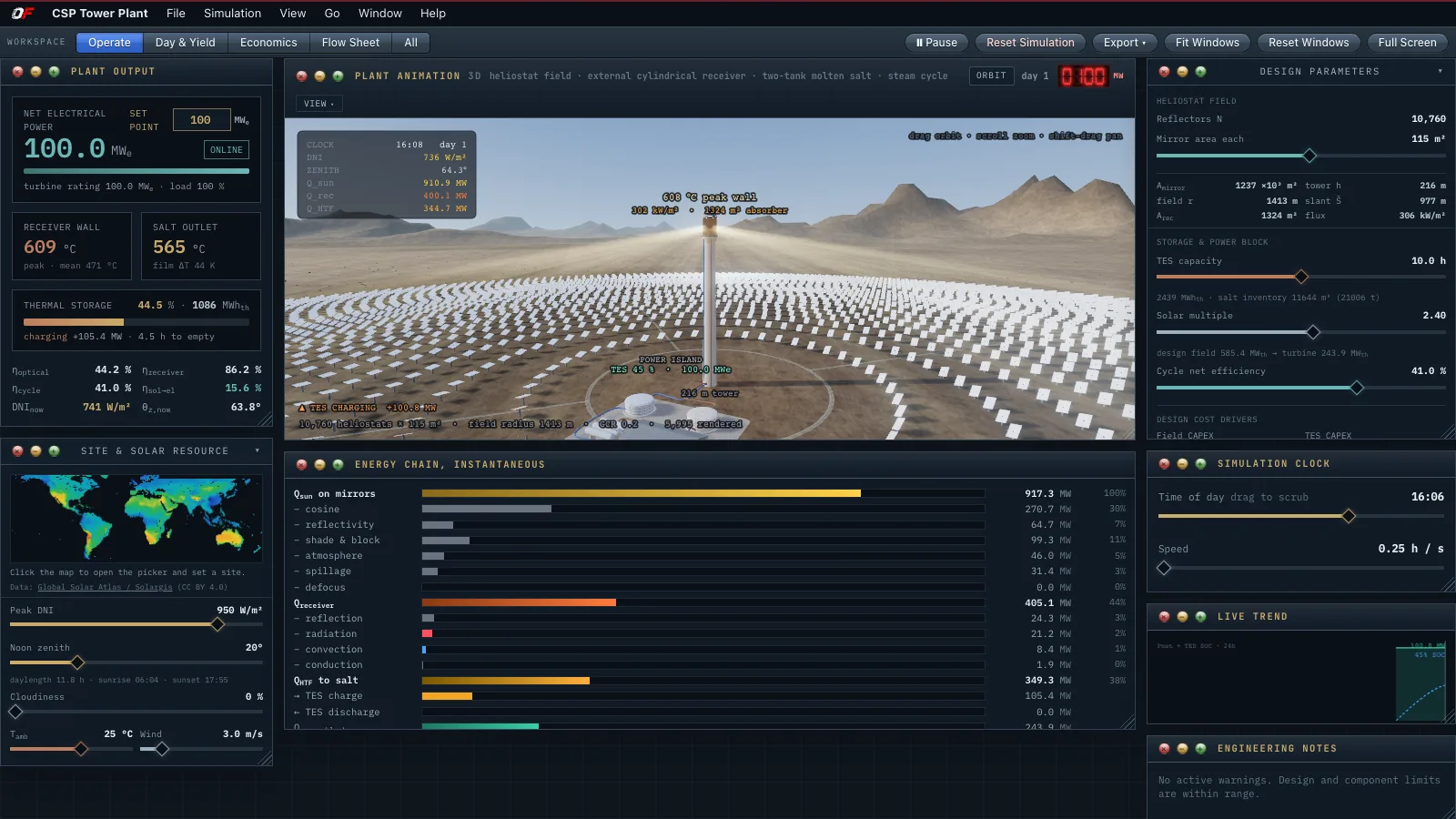 Concentrated solar power tower simulation with heliostat field and plant readouts